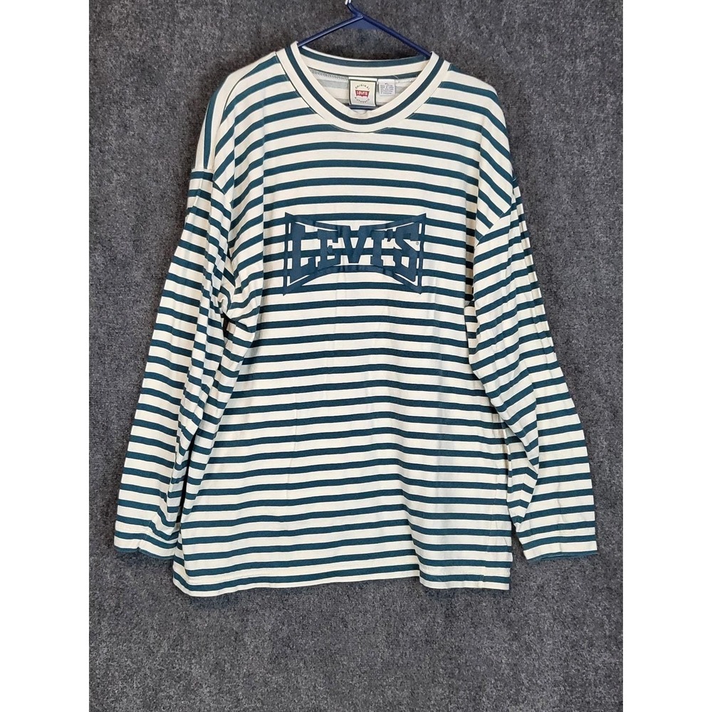 Levis Shirt Mens XL Striped‎ Long Sleeve Green White Batwing Graphic Vintage 90s